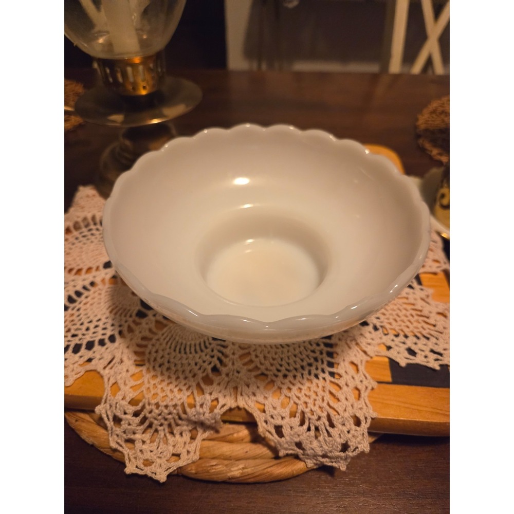 vintage E.O. Brody Co. pedestal candy bowl in white milk glass featuring a scall